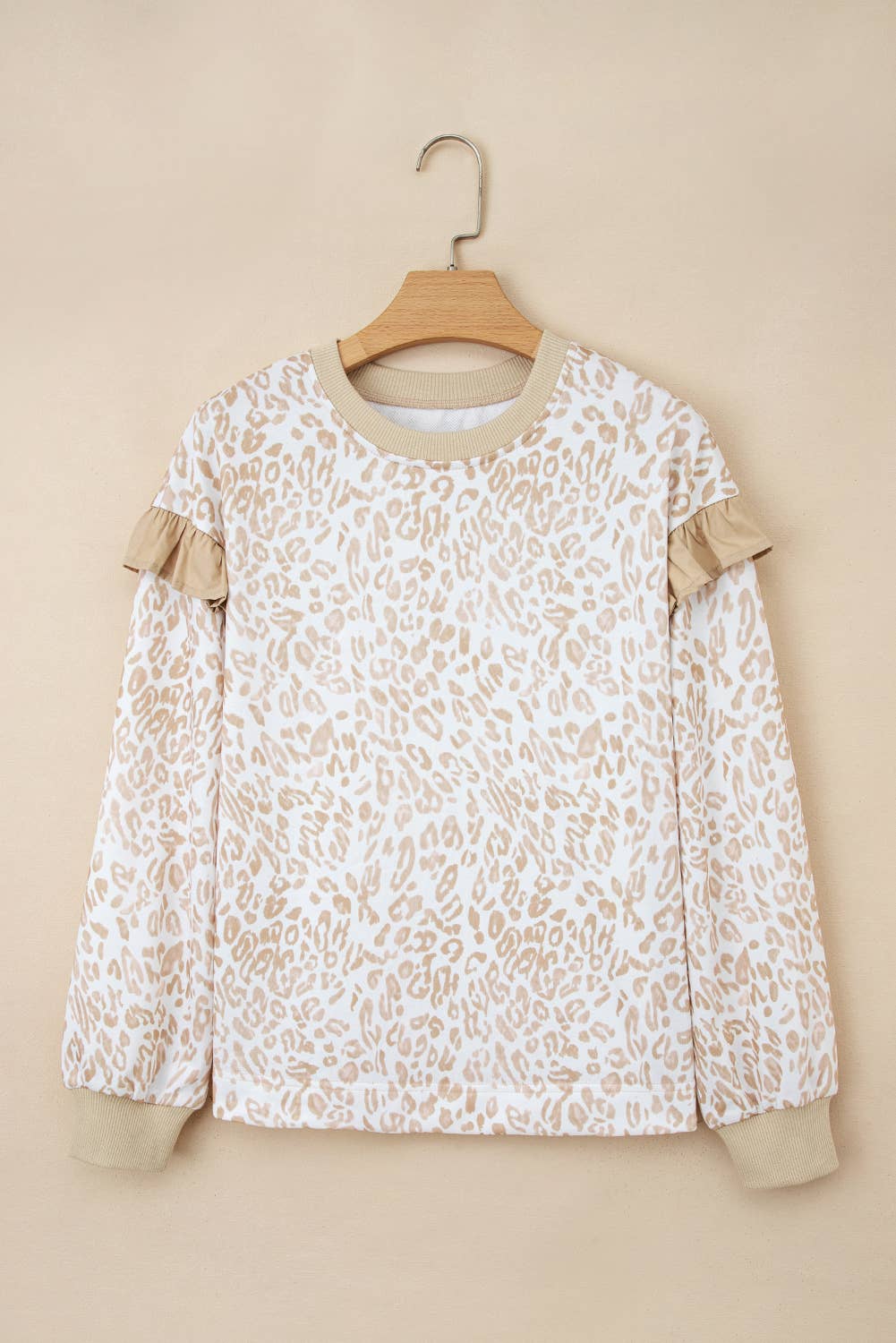 Leopard Ruffle Ribbed Trim Round Neck Sweatshirt