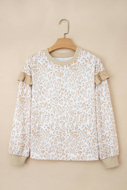 Leopard Ruffle Ribbed Trim Round Neck Sweatshirt