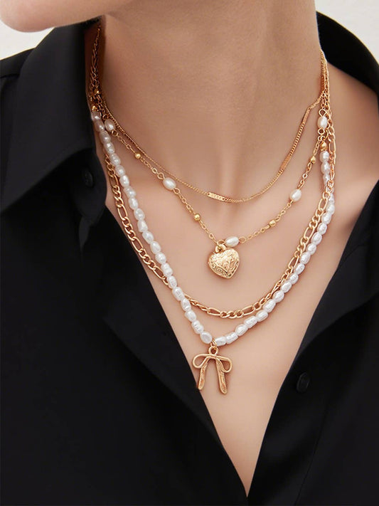 Bow Heart Pendant Pearl Chaining Plated Necklace