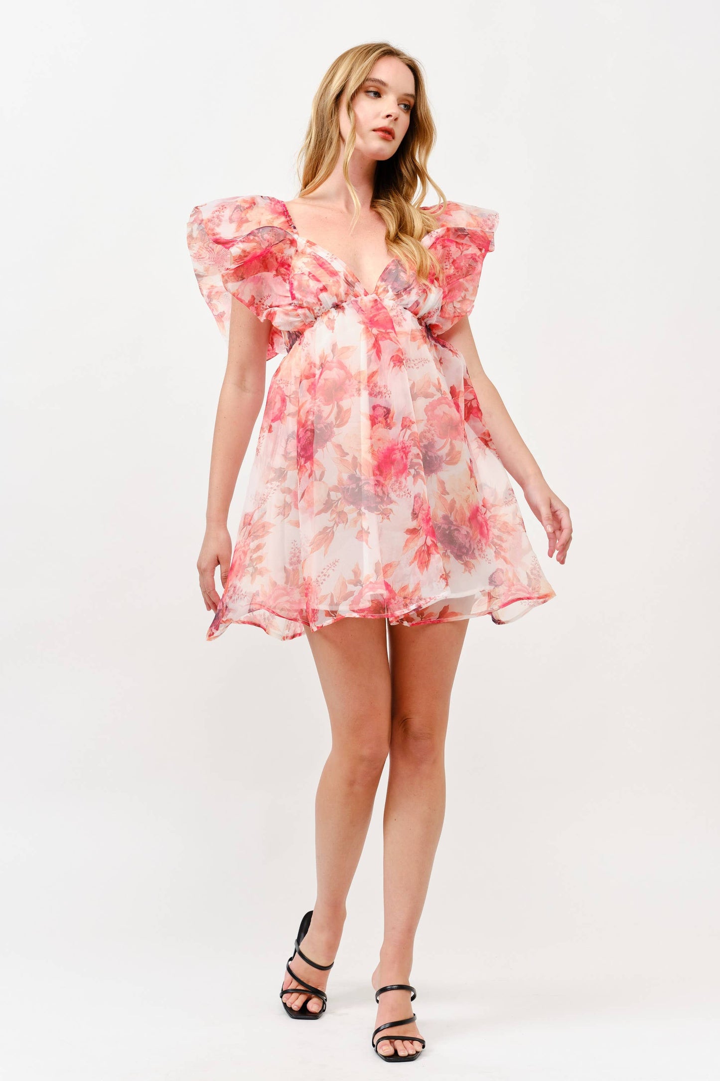 Pink Floral Chiffon Mini Dress with Ruffle Sleeves -1
