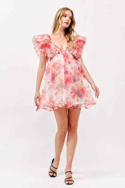 Pink Floral Chiffon Mini Dress with Ruffle Sleeves -1