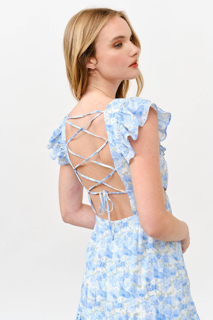 Floral Ruffle Cutout Mini Dress - Blue Watercolor -1