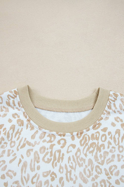 Leopard Ruffle Ribbed Trim Round Neck Sweatshirt