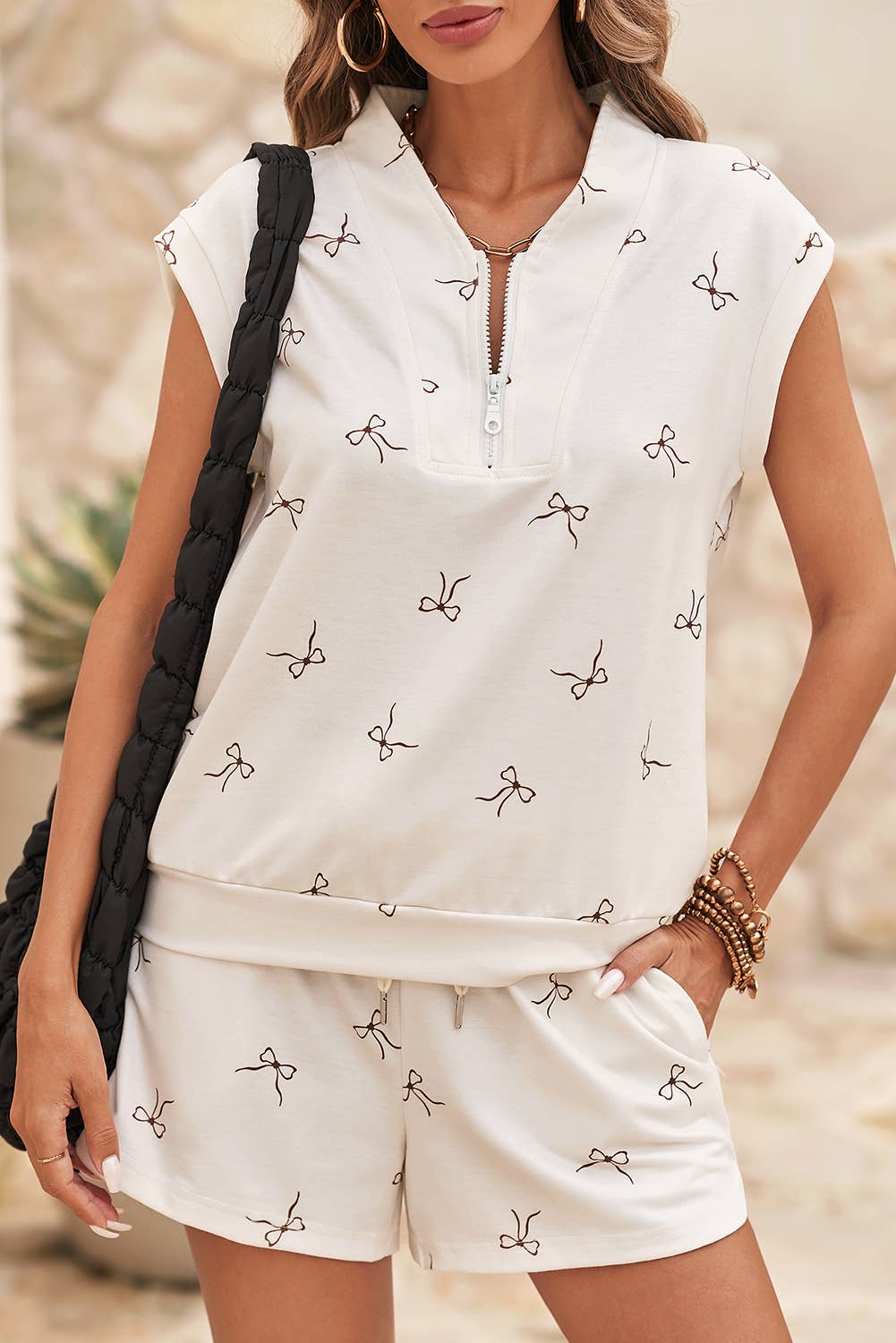 LDC Bow Print Half Zip Tank and Shorts 2pcs Set: Beige