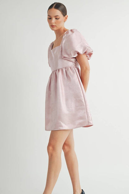 Shiny Pink Organza Puff Sleeve Mini Dress