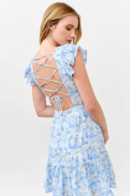 Floral Ruffle Cutout Mini Dress - Blue Watercolor -1