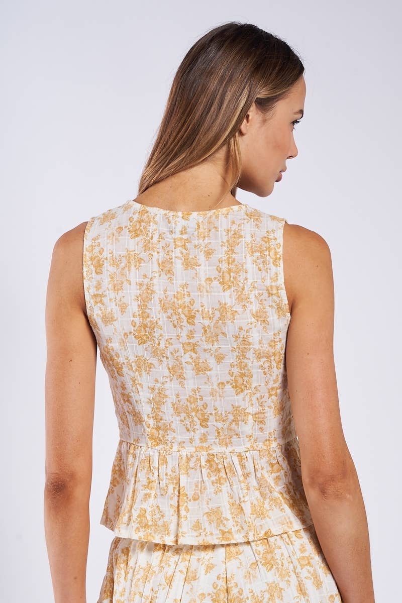 PALE FLORAL PRINT TRIPE TIES VEST STYLE TOP