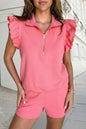 Solid Color Half Zipped Ruffled Shorts