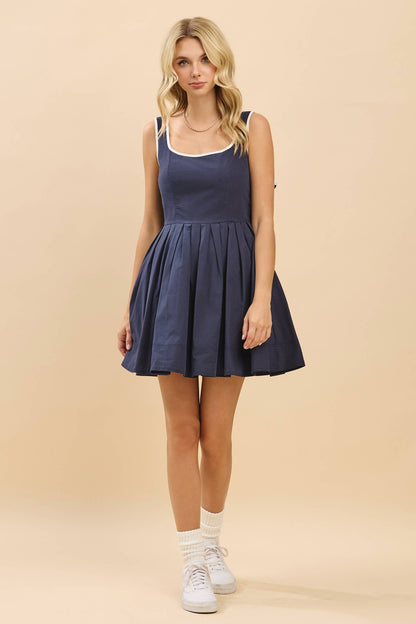 Gameday Square neckline mini dress with pleats skirt