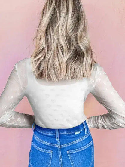 Pink Mesh Bow Pattern Long Sleeve Top