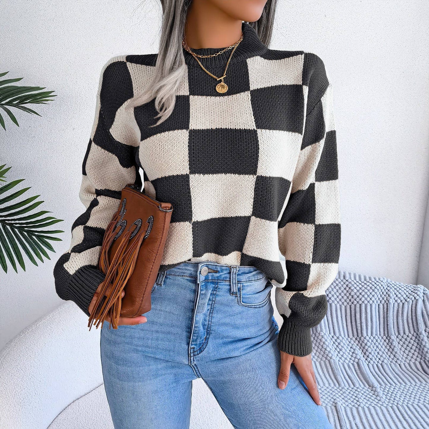 Colorblock Plaid Knit Sweater For Women
