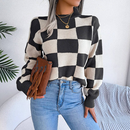 Colorblock Plaid Knit Sweater For Women