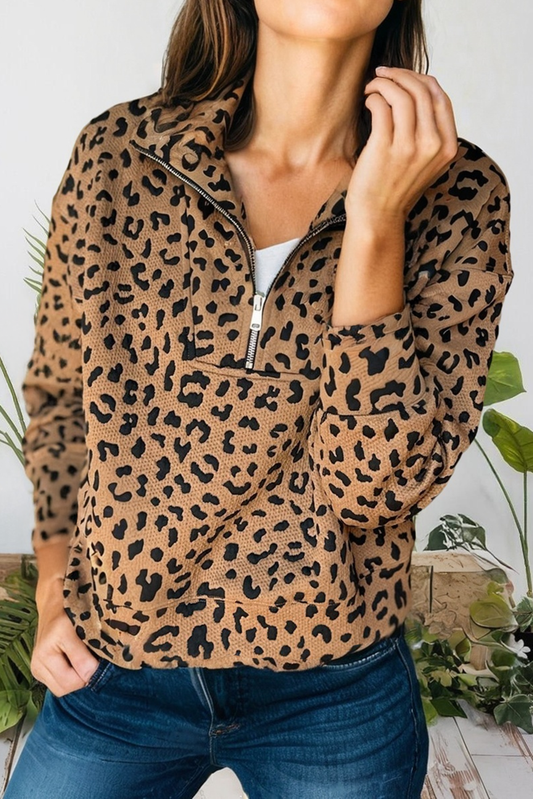 Leopard Print Half Zip Long Sleeve Sweatshirt