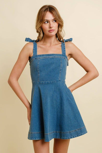 DENIM STRAP TIE MINI DRESS