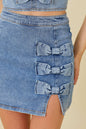 Denim Mini Skirt With Slit and Ribbon Bow