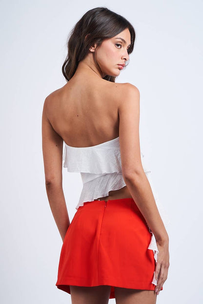 ASYMMETRY TIERED RUFFLE STRAPLESS CROP TOP