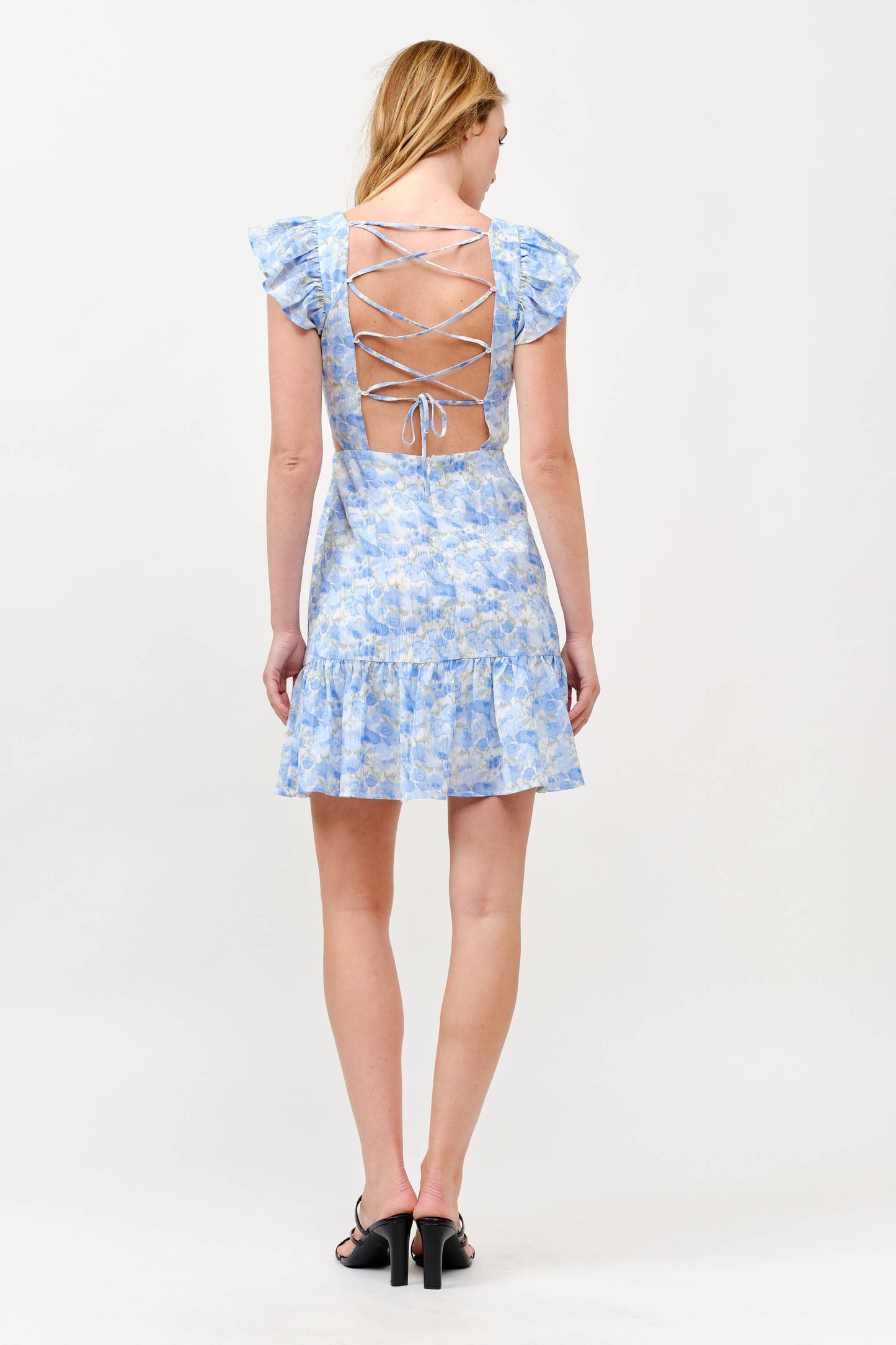 Floral Ruffle Cutout Mini Dress - Blue Watercolor -1
