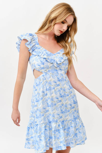 Floral Ruffle Cutout Mini Dress - Blue Watercolor -1