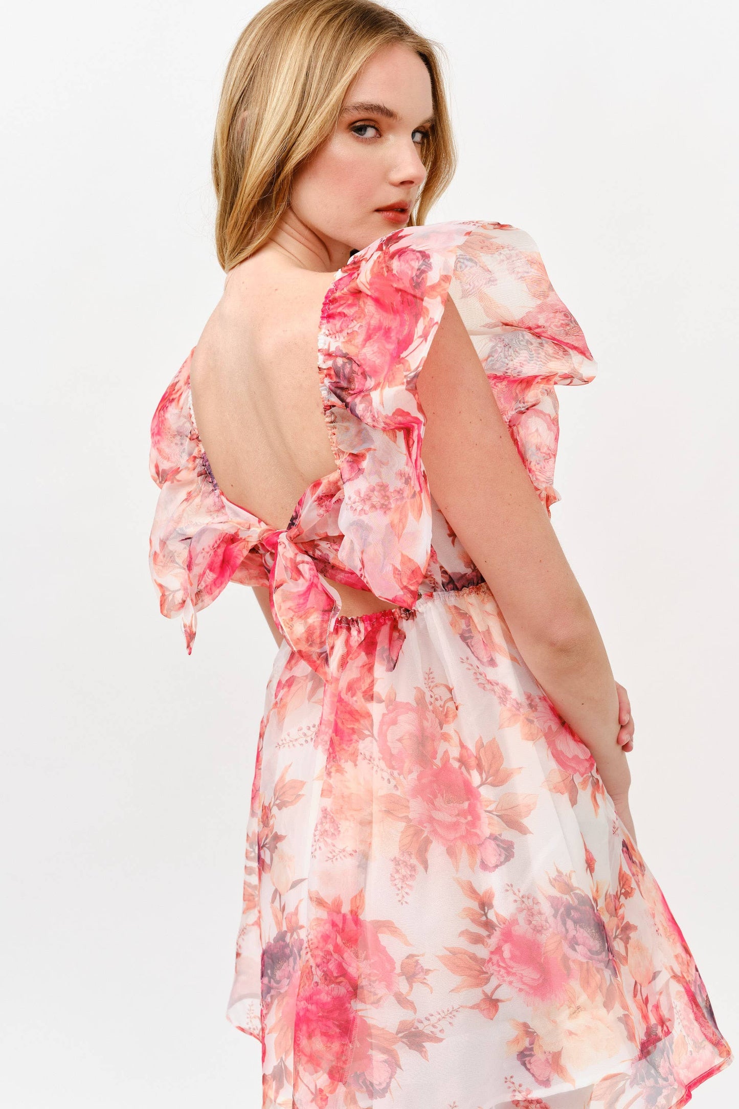 Pink Floral Chiffon Mini Dress with Ruffle Sleeves -1