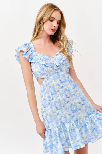 Floral Ruffle Cutout Mini Dress - Blue Watercolor -1