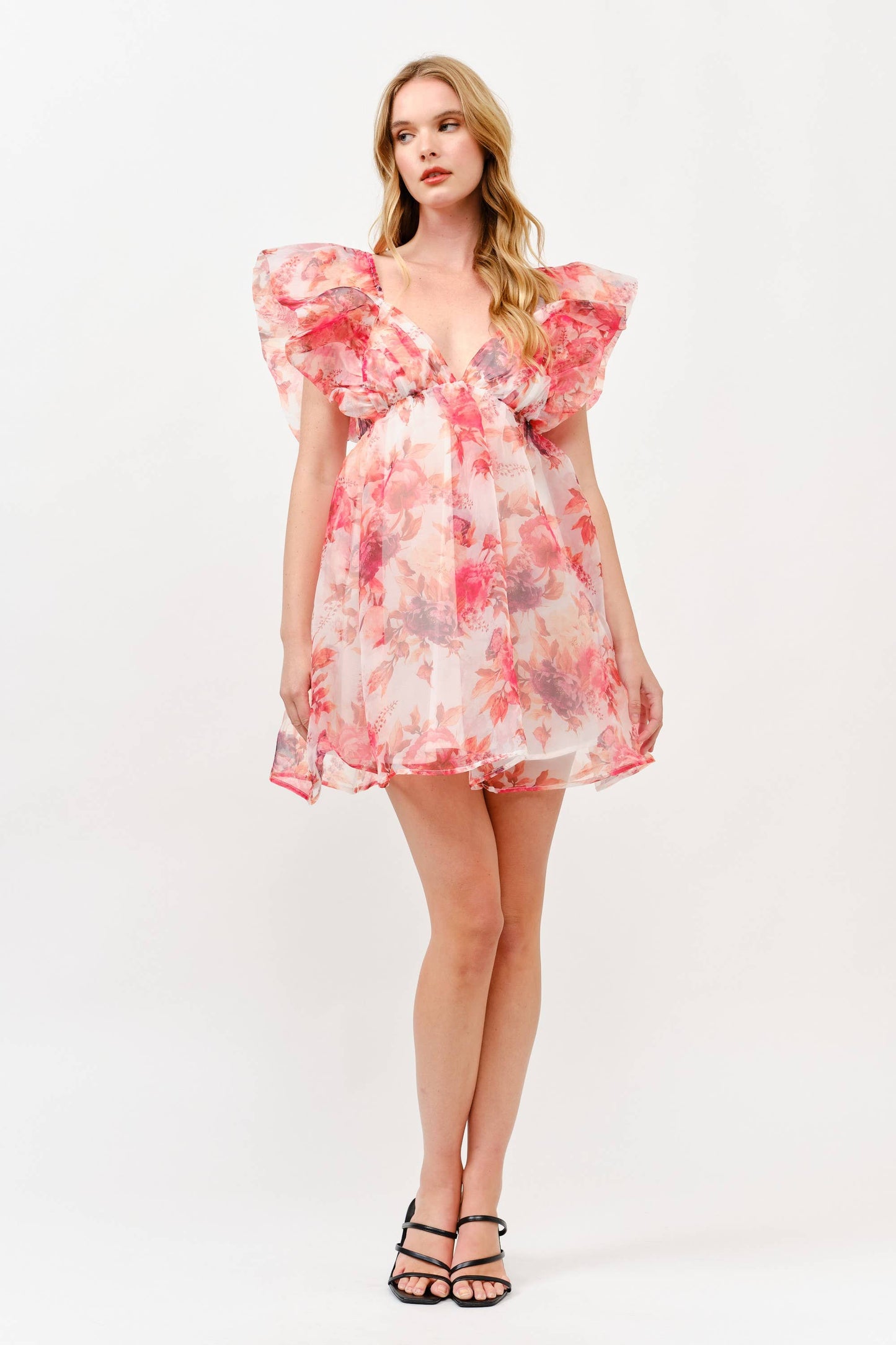 Pink Floral Chiffon Mini Dress with Ruffle Sleeves -1