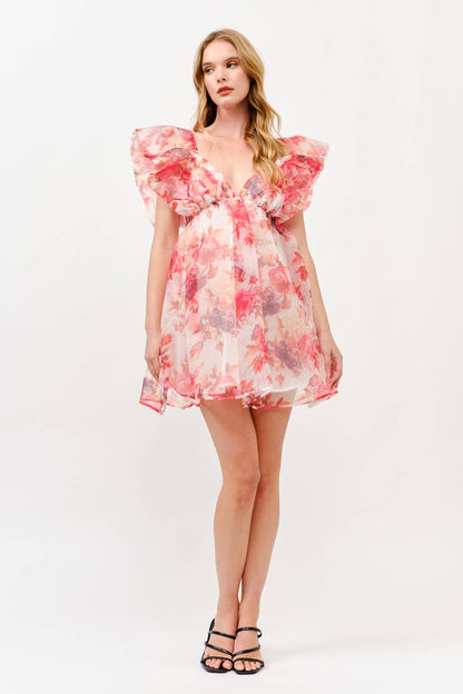 Pink Floral Chiffon Mini Dress with Ruffle Sleeves -1