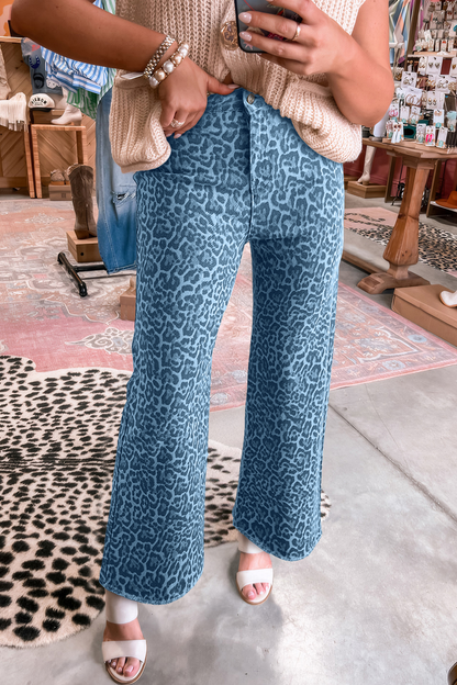 Western Leopard Frayed Edge Wide Leg High Waist Jeans