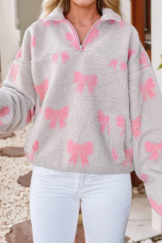 Quarter Zip Drop Shoulder Bow Sherpa Baggy Sweatshirt