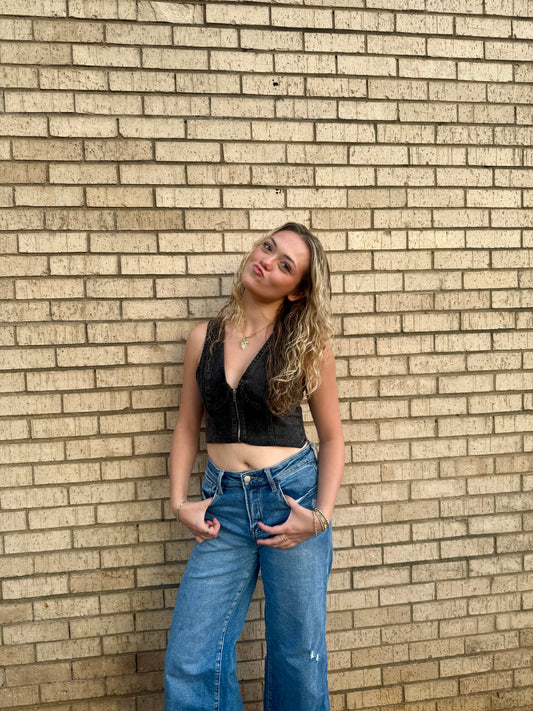 Zip-Up Denim Western Vest