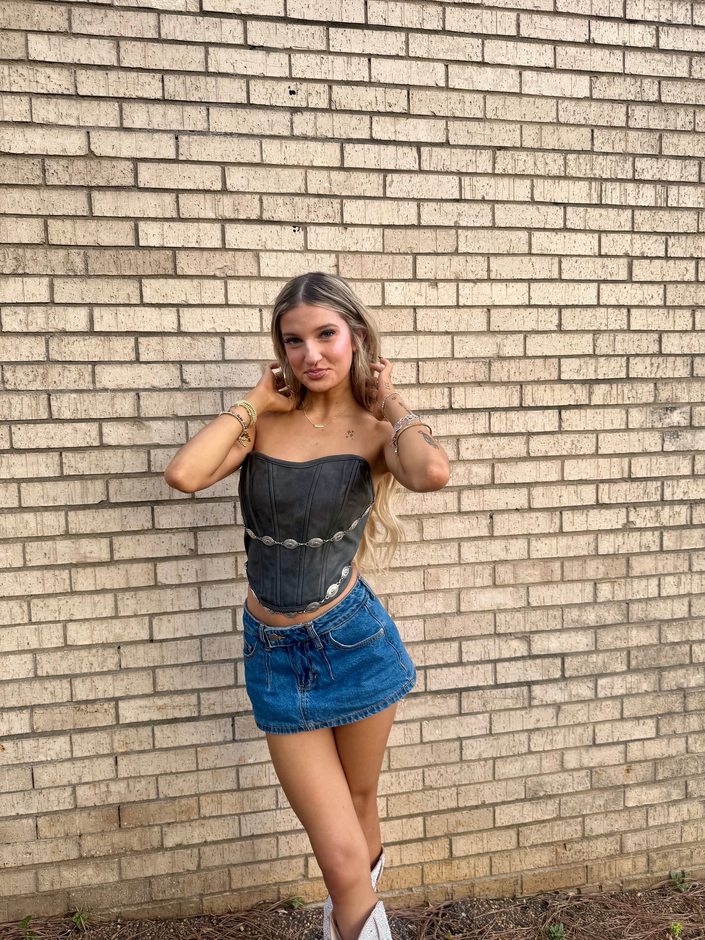 GLENDORA Western Distressed PU Leather Strapless Corset Top