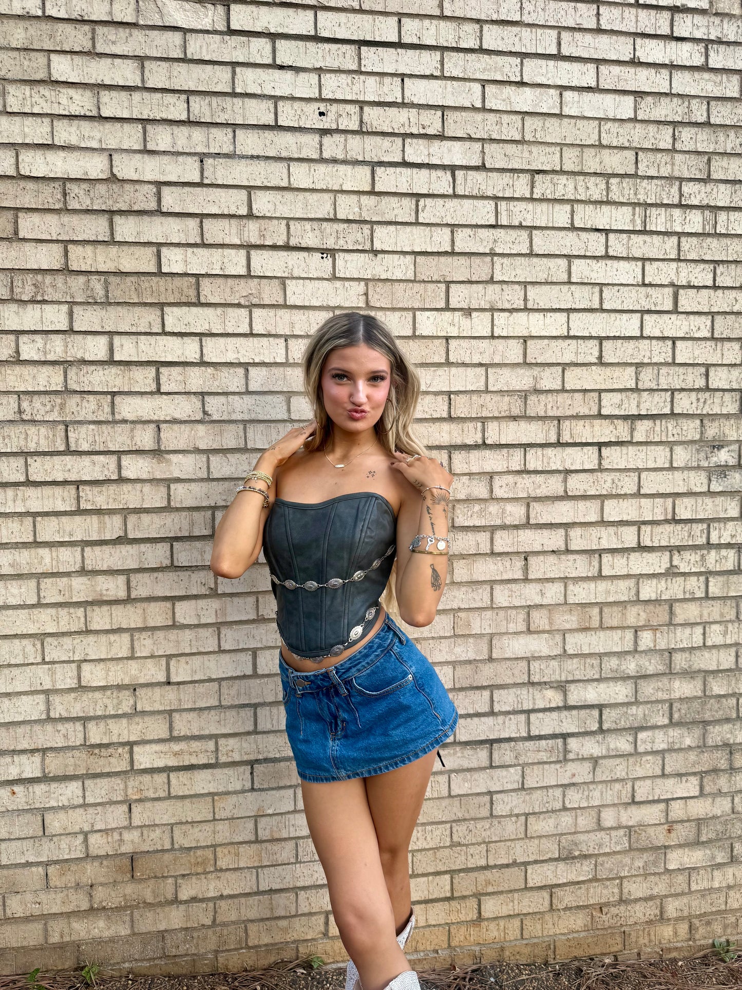 GLENDORA Western Distressed PU Leather Strapless Corset Top