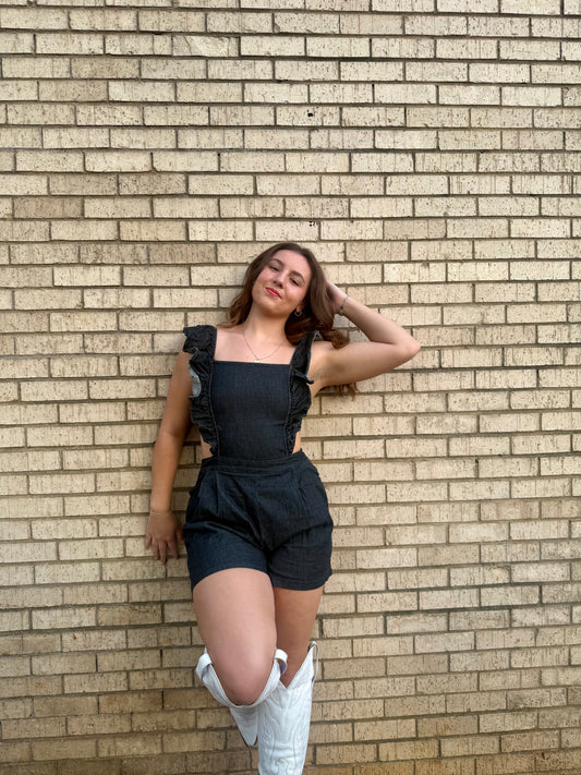 Ruffle Shoulder Denim Romper