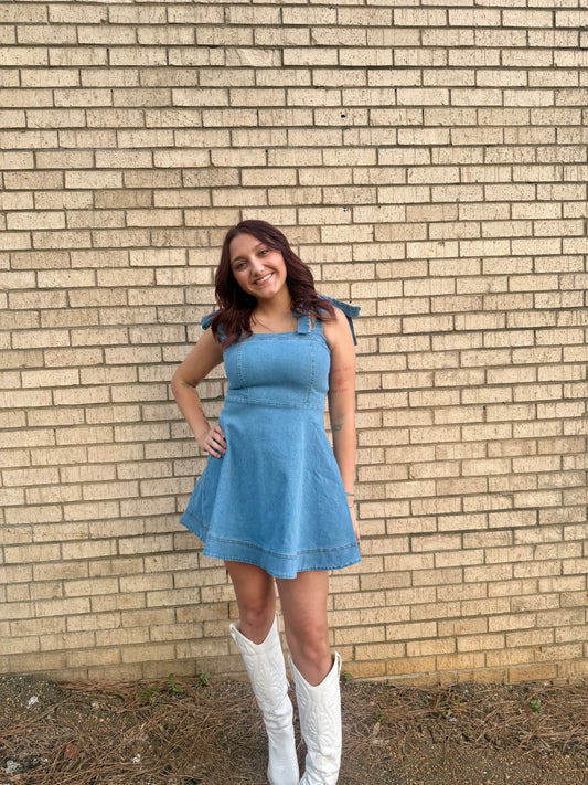 DENIM STRAP TIE MINI DRESS