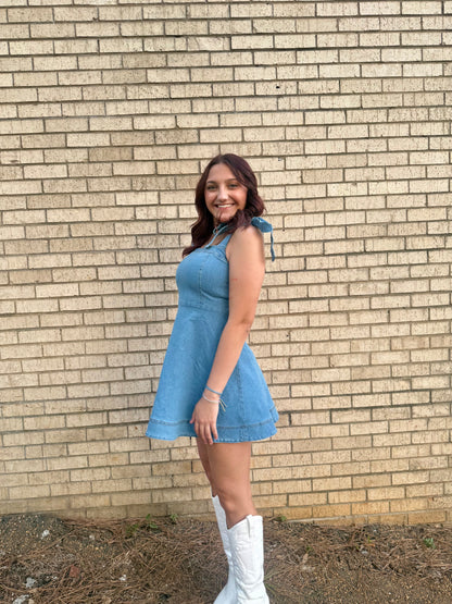 DENIM STRAP TIE MINI DRESS