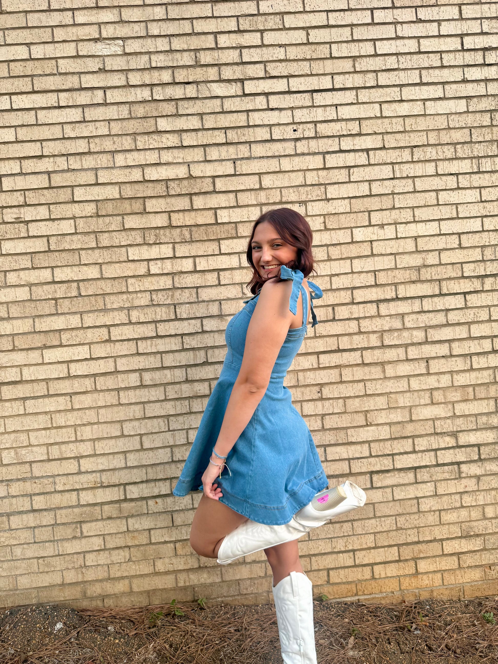 denim mini dress with straps Medium Wash Cotton Denim Mini Dress - Casual Dresses
