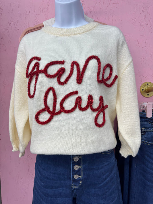 Cream Quarter Sleeve Sweater- Game Day w/ Red tinsel
