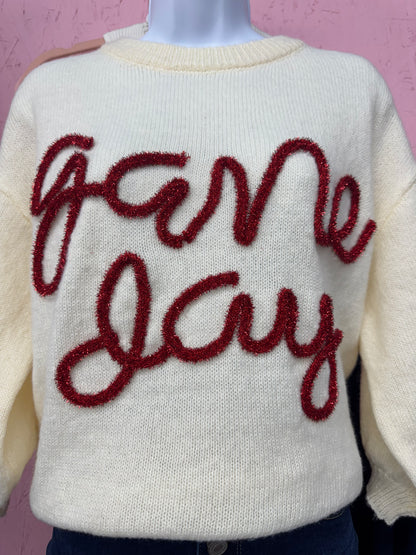 Cream Quarter Sleeve Sweater- Game Day w/ Red tinsel