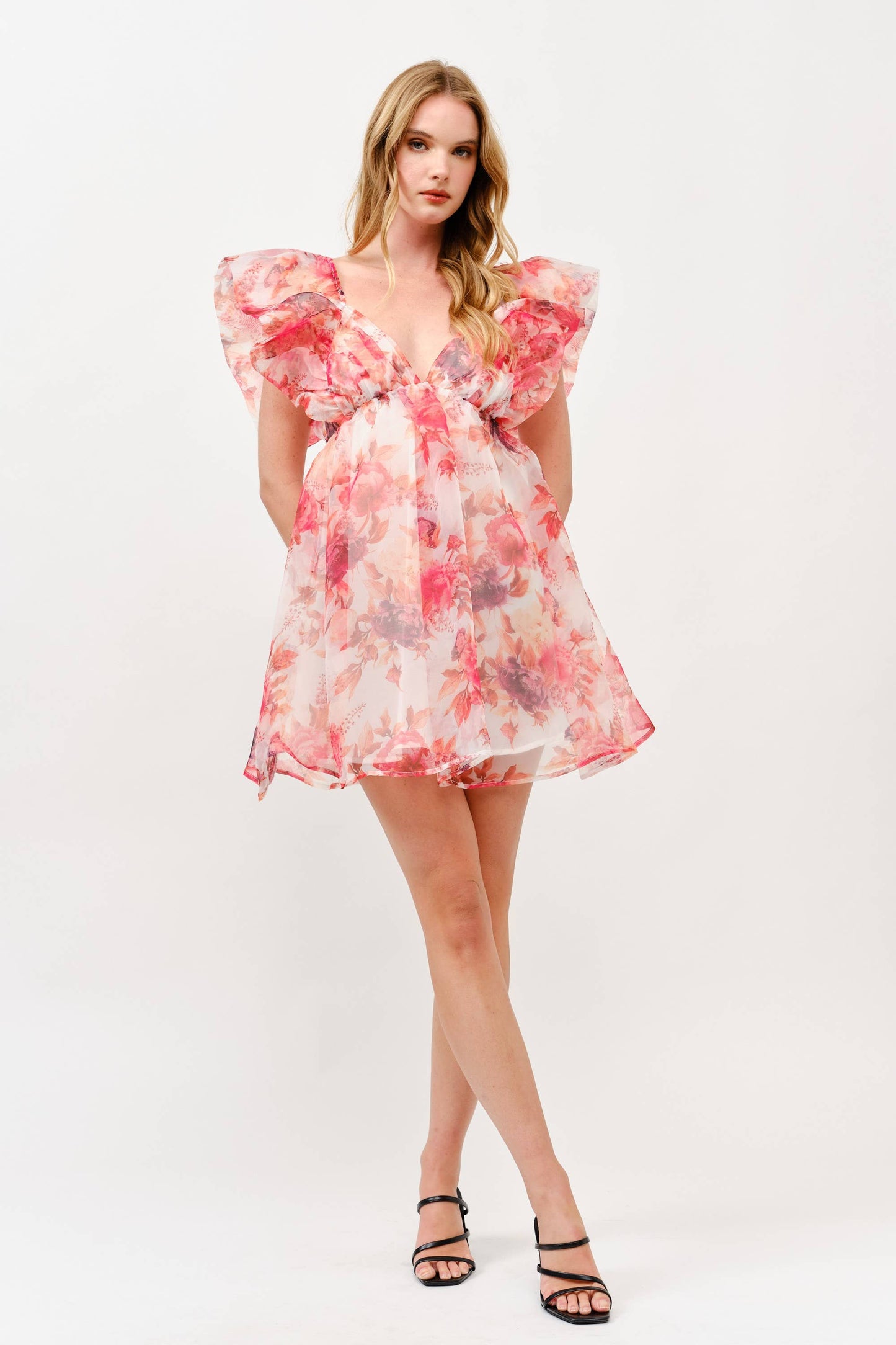 Pink Floral Chiffon Mini Dress with Ruffle Sleeves -1