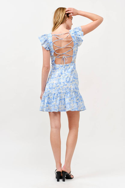 Floral Ruffle Cutout Mini Dress - Blue Watercolor -1