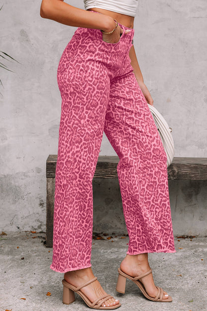 Western Leopard Frayed Edge Wide Leg High Waist Jeans