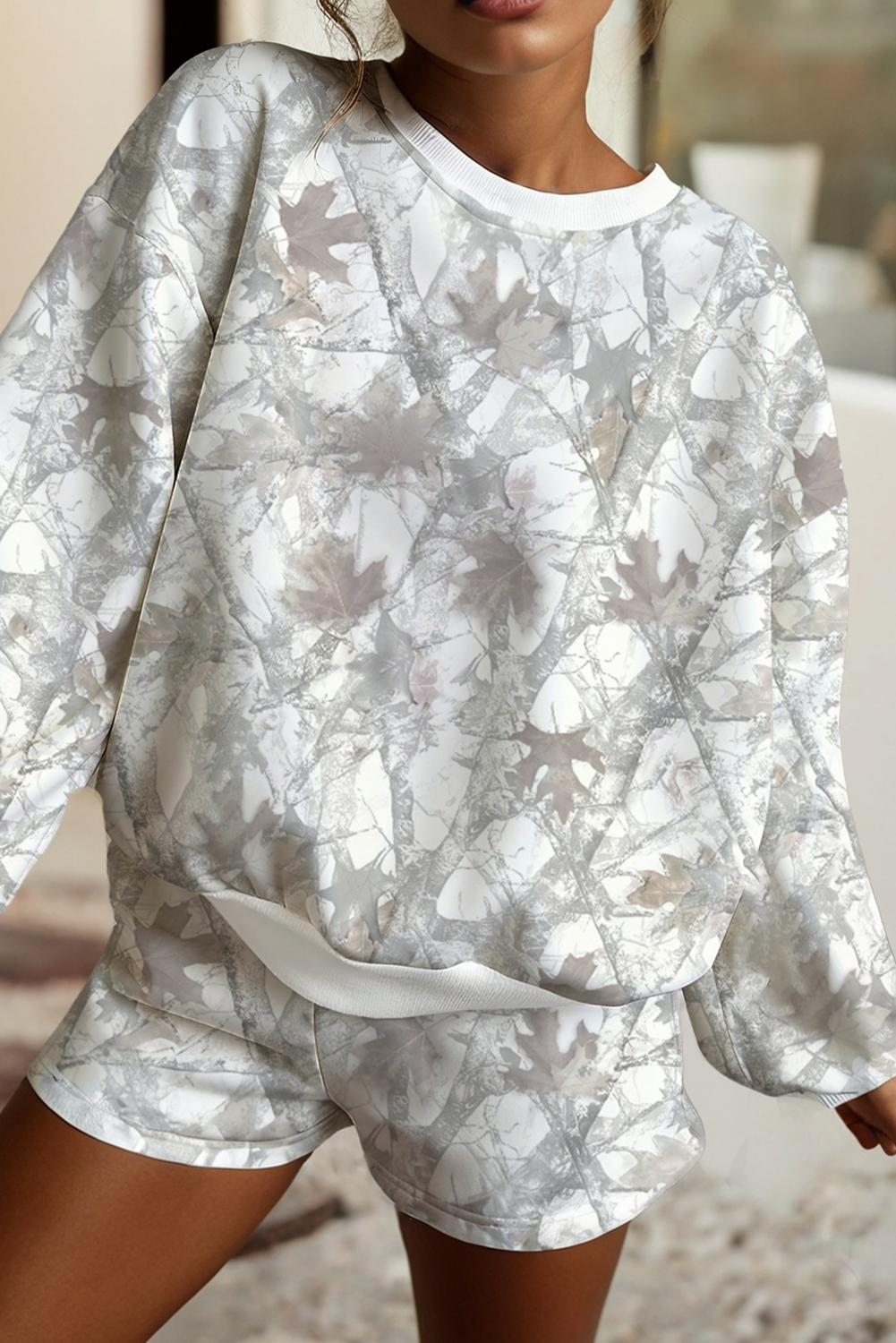 Abstract Round Neck Two piece Camo Girl Set