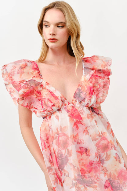 Pink Floral Chiffon Mini Dress with Ruffle Sleeves -1