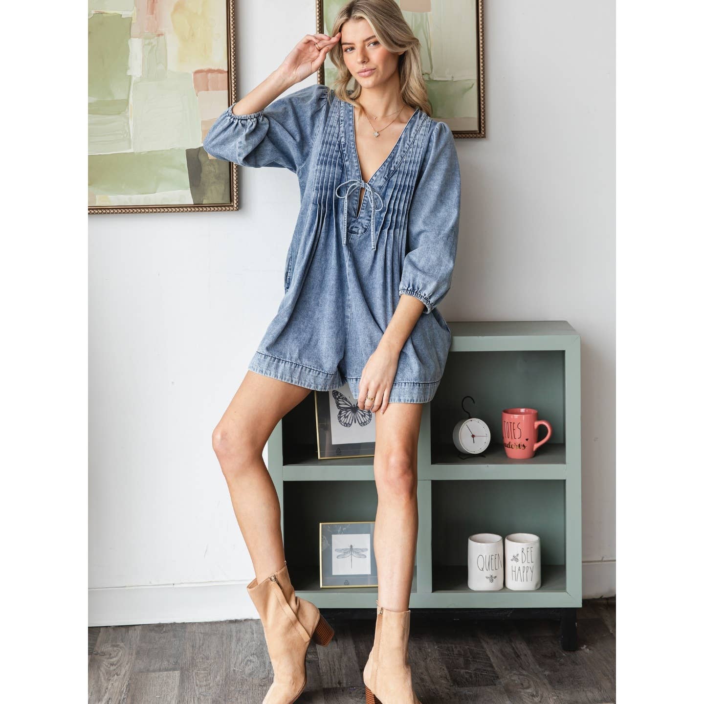 V-neck Puff Sleeve Denim Romper