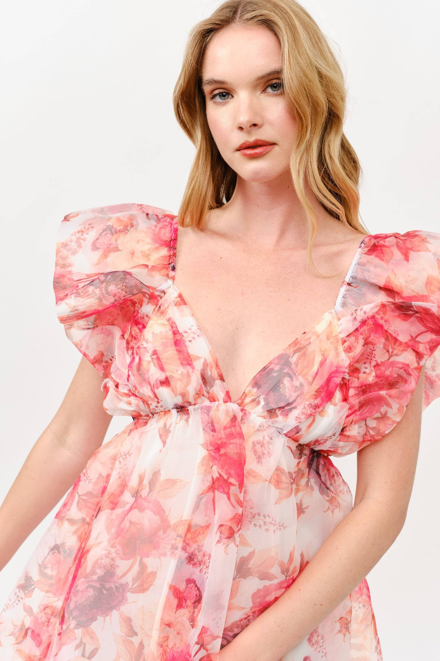 Pink Floral Chiffon Mini Dress with Ruffle Sleeves -1