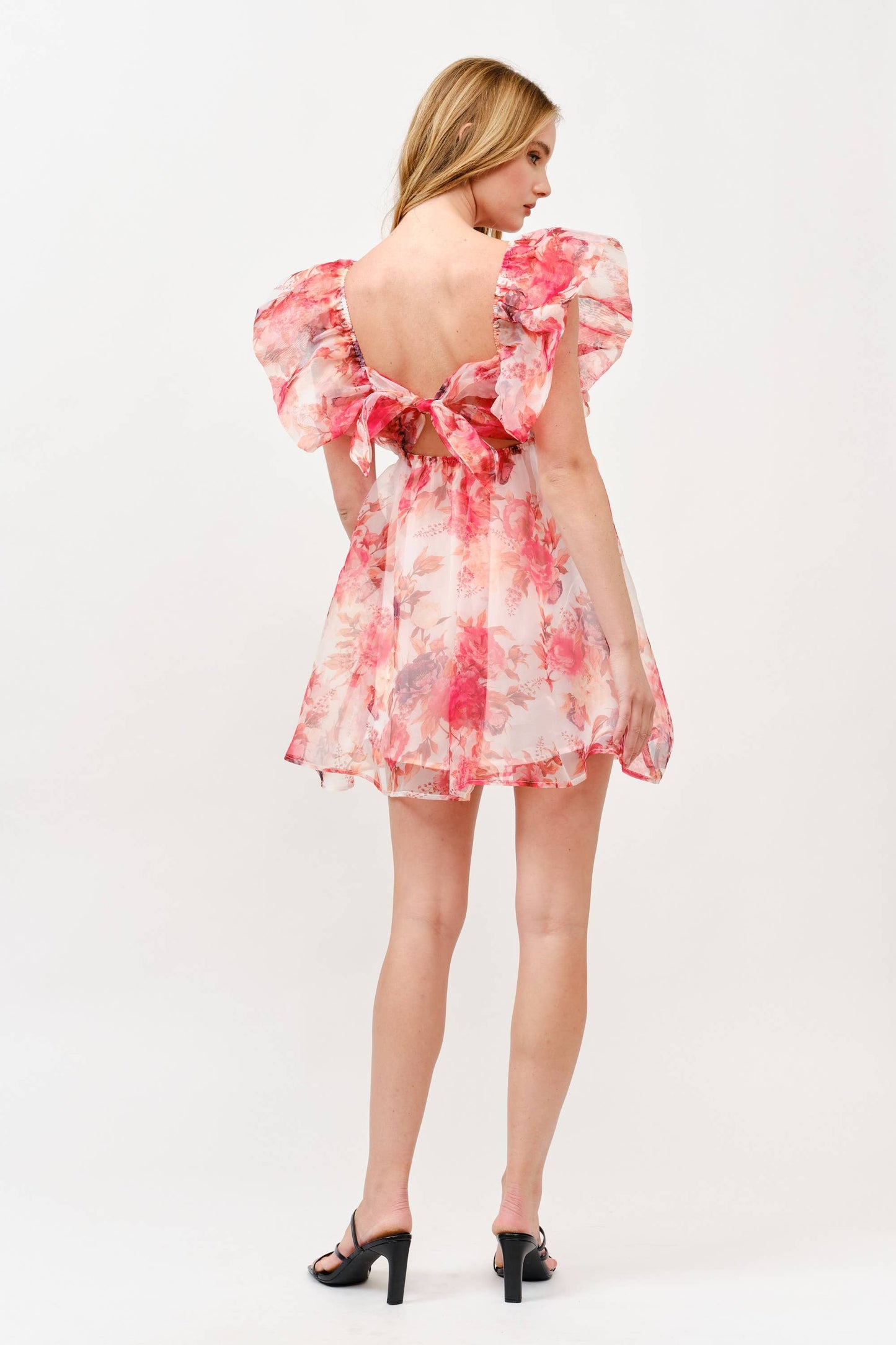 Pink Floral Chiffon Mini Dress with Ruffle Sleeves -1