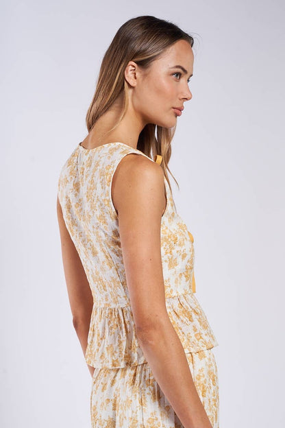 PALE FLORAL PRINT TRIPE TIES VEST STYLE TOP