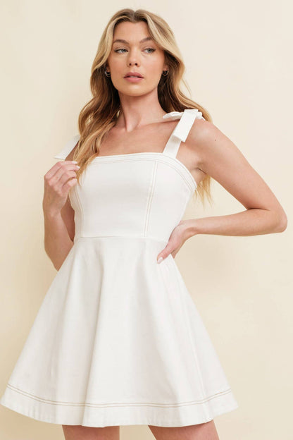 DENIM STRAP TIE MINI DRESS