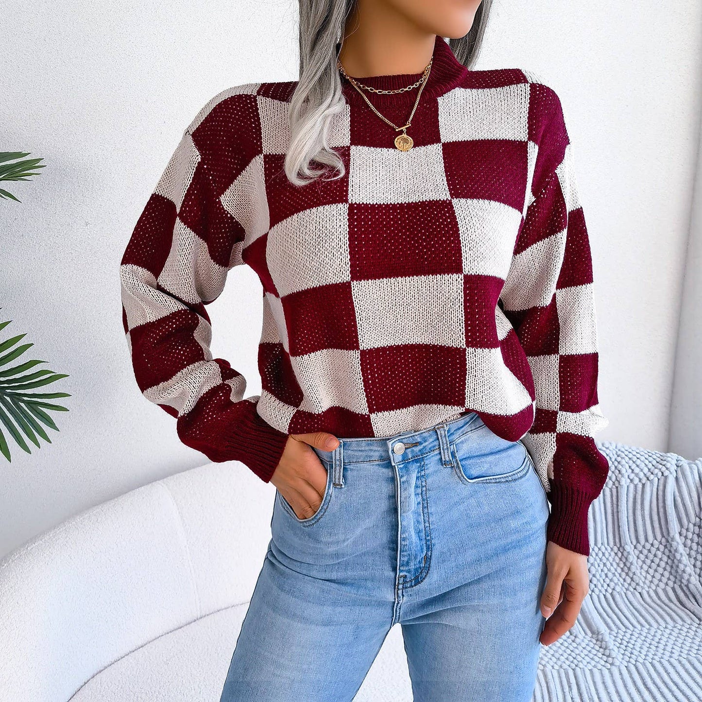 Colorblock Plaid Knit Sweater For Women