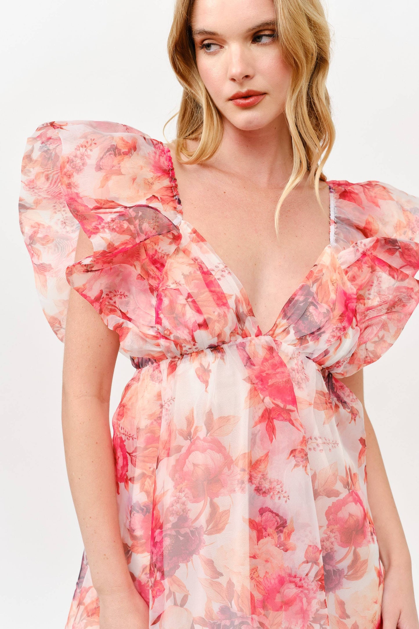 Pink Floral Chiffon Mini Dress with Ruffle Sleeves -1