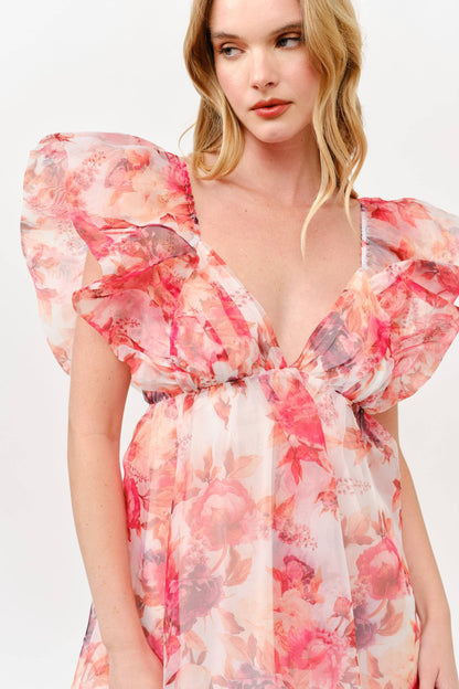 Pink Floral Chiffon Mini Dress with Ruffle Sleeves -1